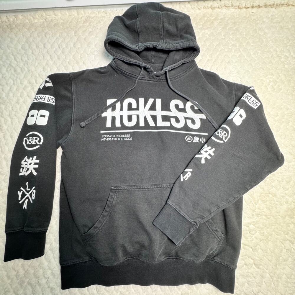 Young Reckless Y&R Hoodie Mens Medium Black Graphic Sleeve Logo Streetwear